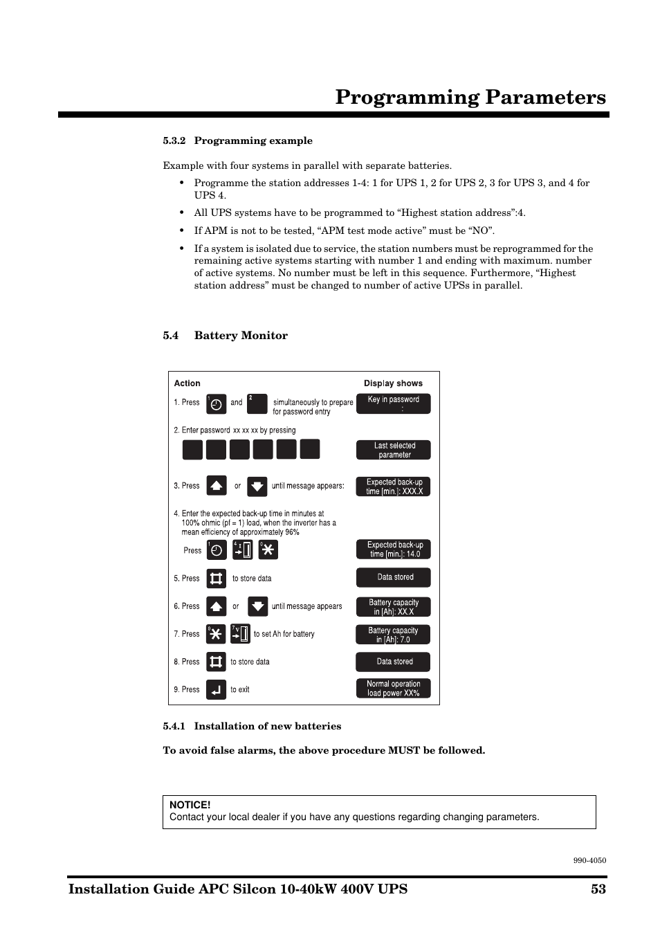 Programming parameters | APC SILCON 10-40KW 400V UPS User Manual | Page 53 / 90