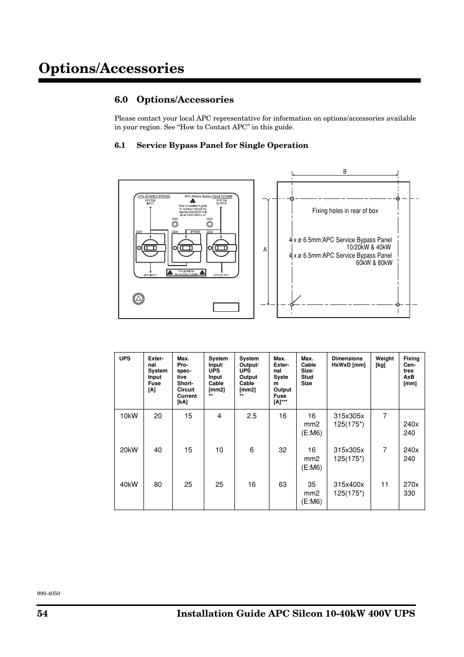 Options/accessories, 0 options/accessories | APC SILCON 10-40KW 400V UPS User Manual | Page 54 / 90