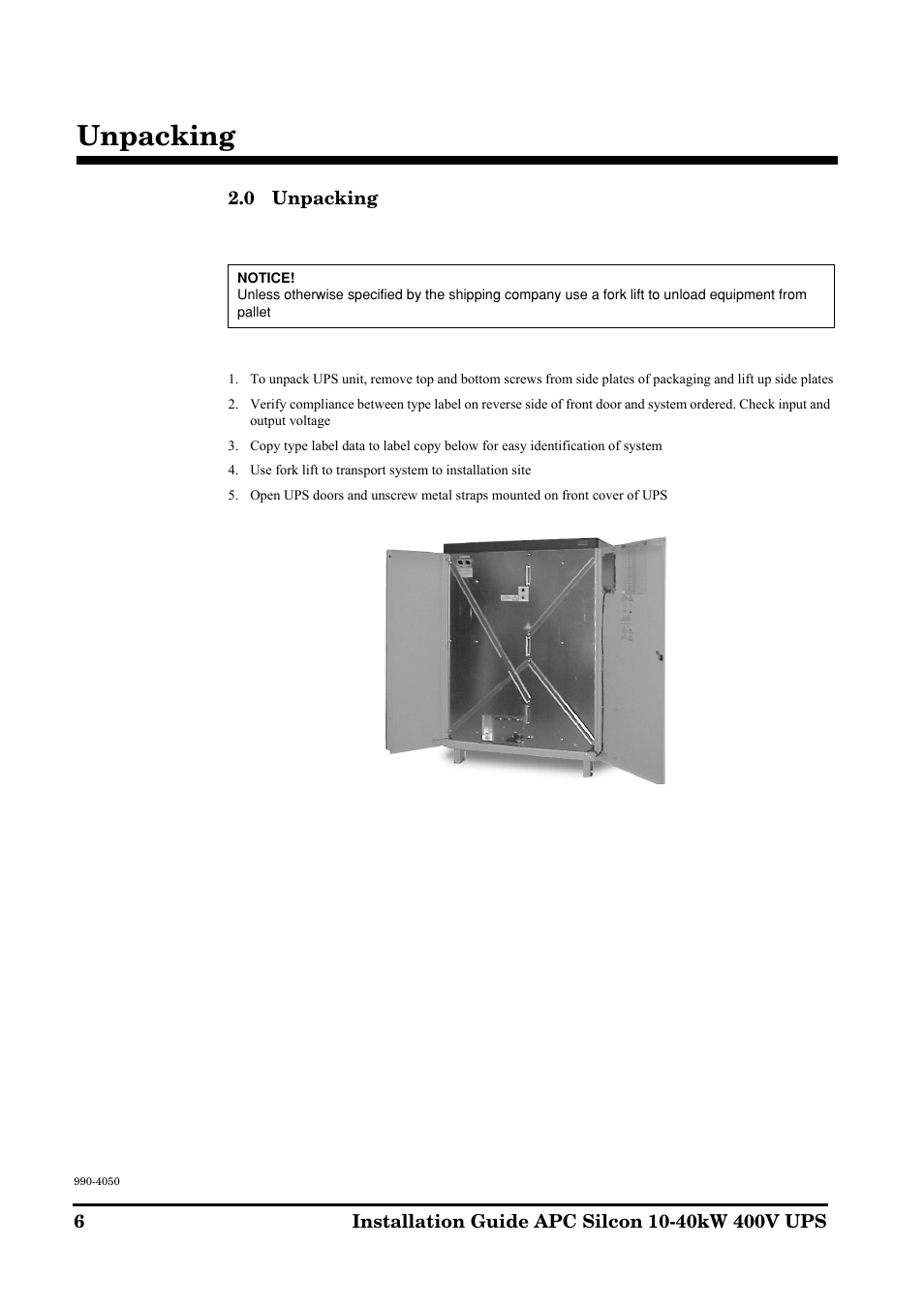 Unpacking | APC SILCON 10-40KW 400V UPS User Manual | Page 6 / 90