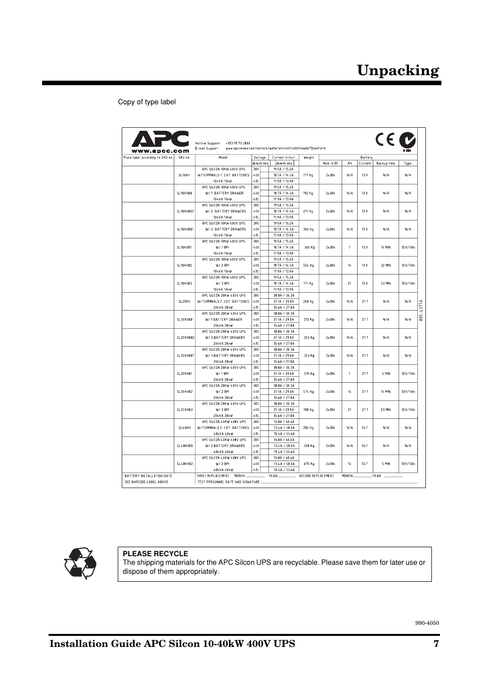 Unpacking | APC SILCON 10-40KW 400V UPS User Manual | Page 7 / 90