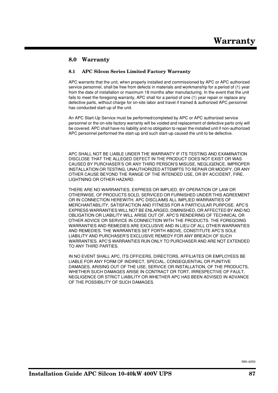 Warranty | APC SILCON 10-40KW 400V UPS User Manual | Page 87 / 90