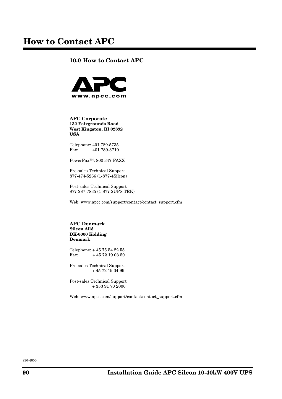 How to contact apc | APC SILCON 10-40KW 400V UPS User Manual | Page 90 / 90