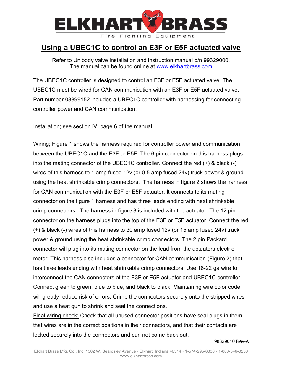 Elkhart Brass UBEC 1C to control an E3F or E5F actuated valve User Manual | 3 pages