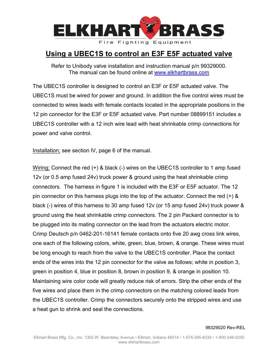 Elkhart Brass UBEC 1S to control an E3F E5F actuated valve User Manual | 2 pages