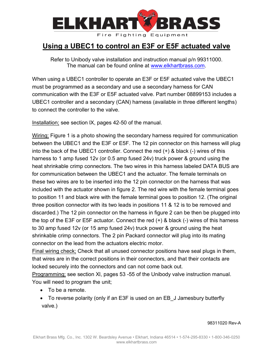 Elkhart Brass UBEC 1 to control an E3F or E5F actuated valve User Manual | 2 pages