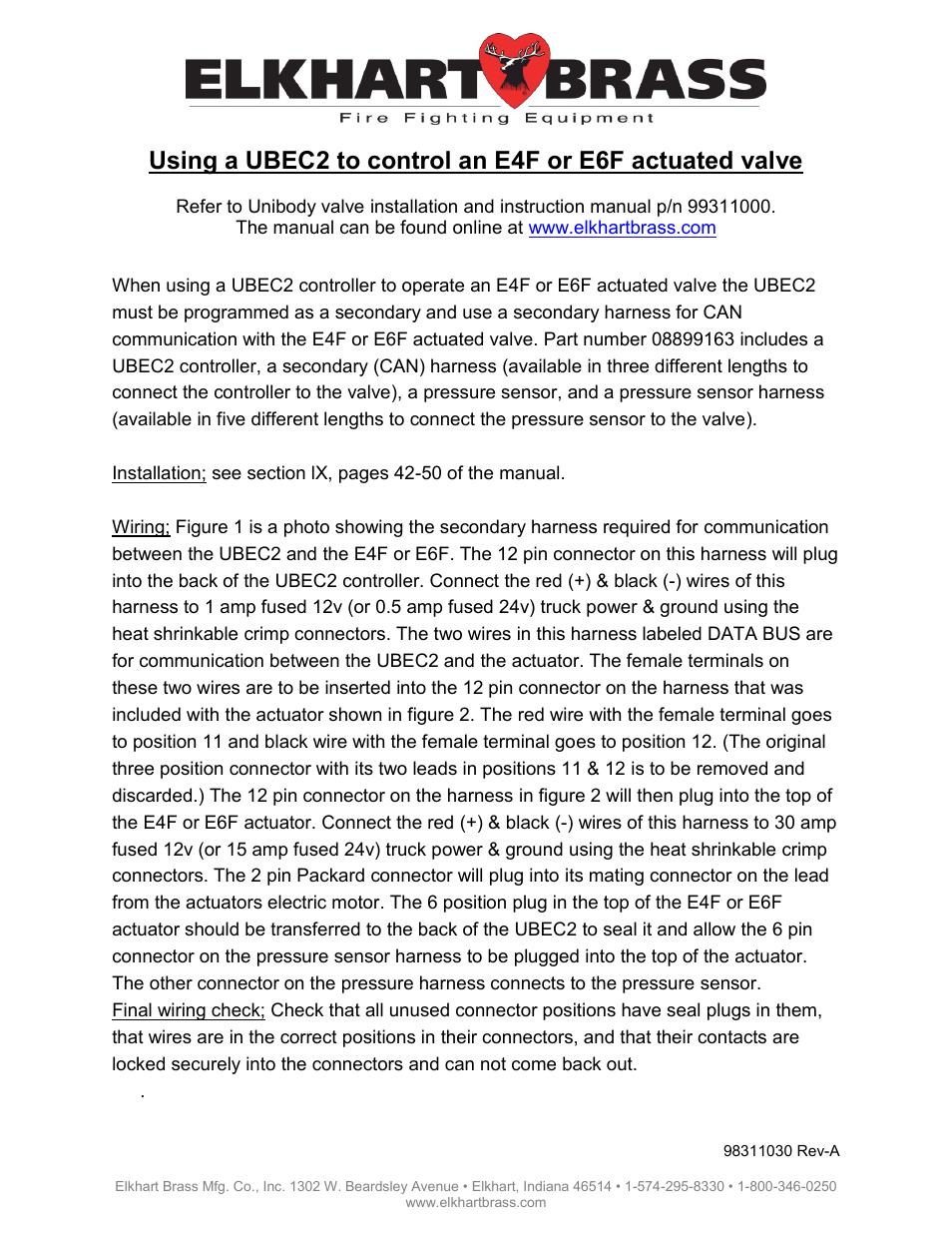 Elkhart Brass UBEC 2 to control an E4F or E6F actuated valve User Manual | 2 pages