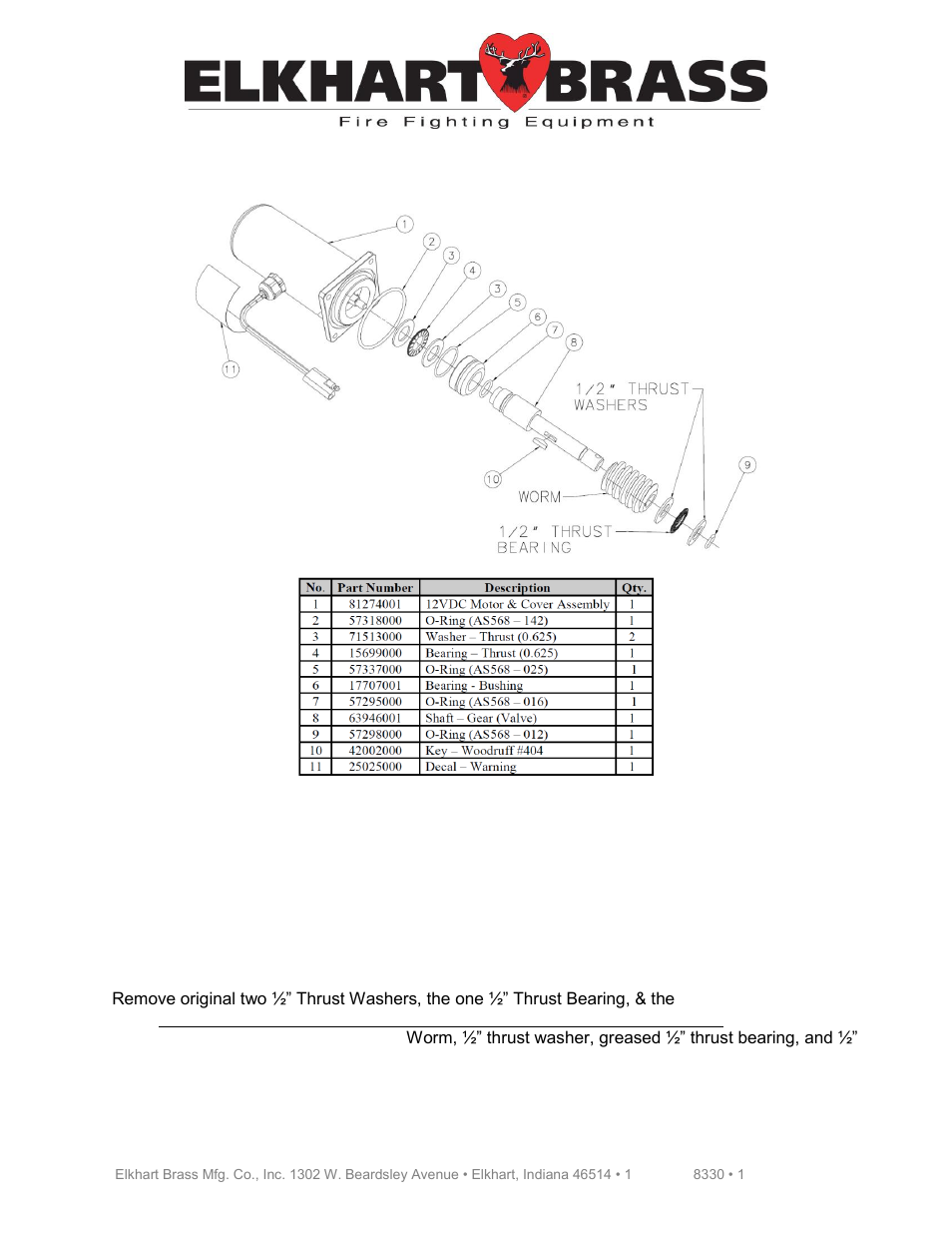 Elkhart Brass Valve Motor Replacement Kit P/N 81302001 User Manual | 1 page