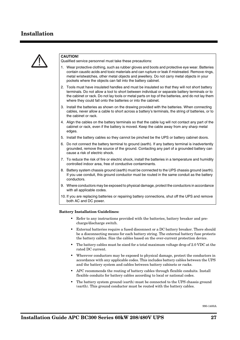 Installation | APC BC300 User Manual | Page 27 / 36