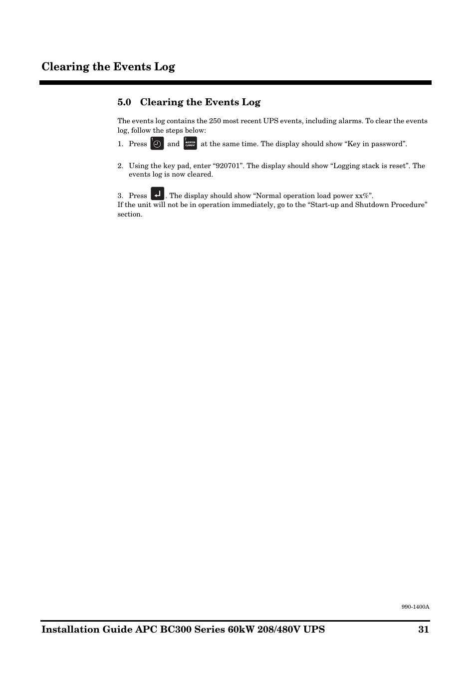 Clearing the events log | APC BC300 User Manual | Page 31 / 36