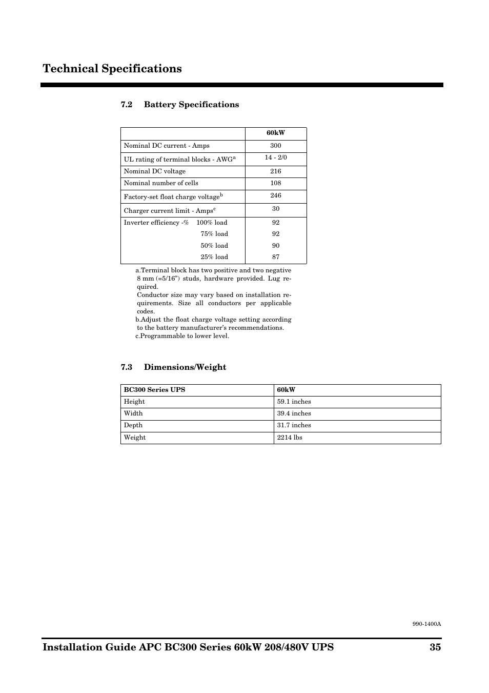 Technical specifications | APC BC300 User Manual | Page 35 / 36