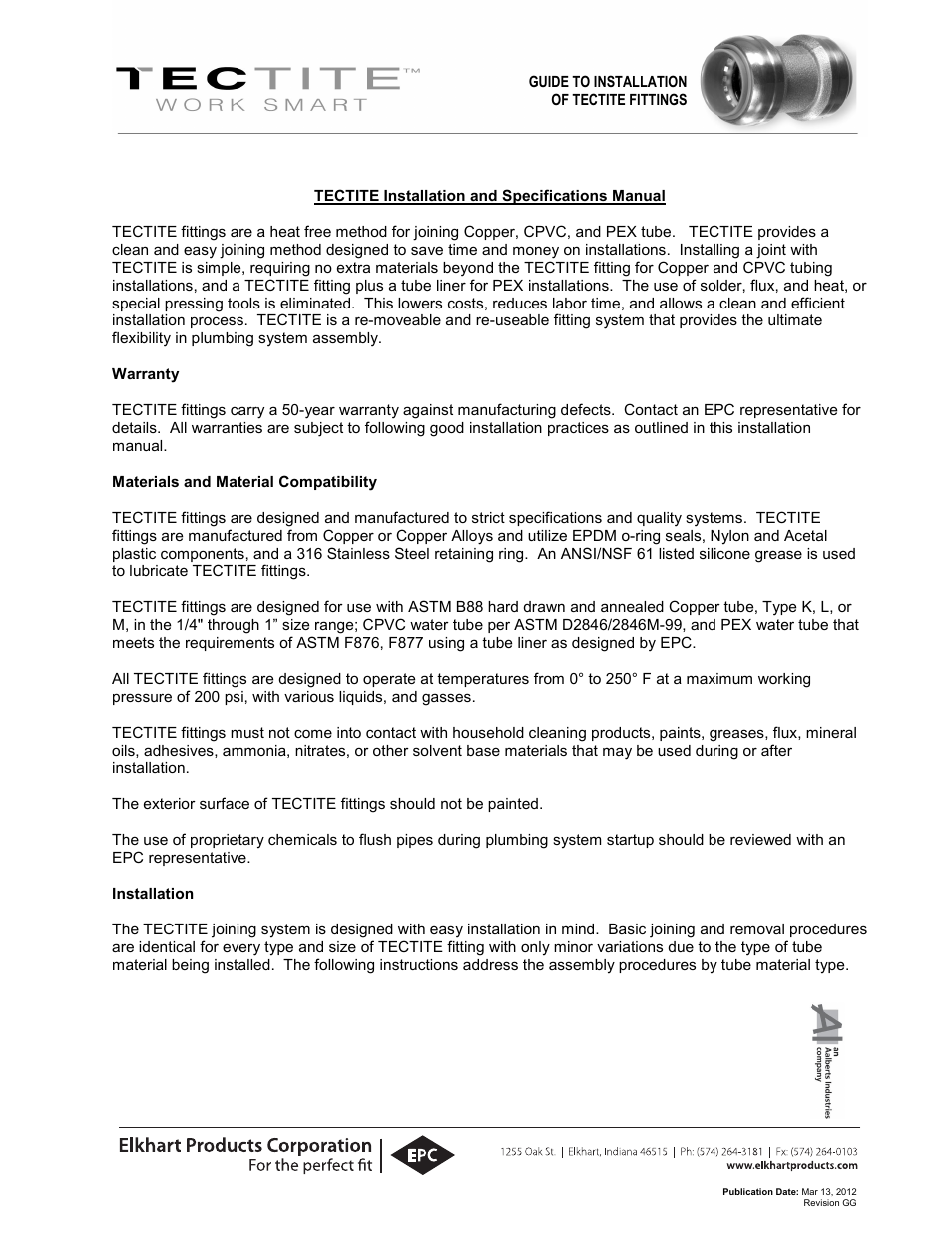 Elkhart Products Corporation (EPC) TECTITE User Manual | 6 pages