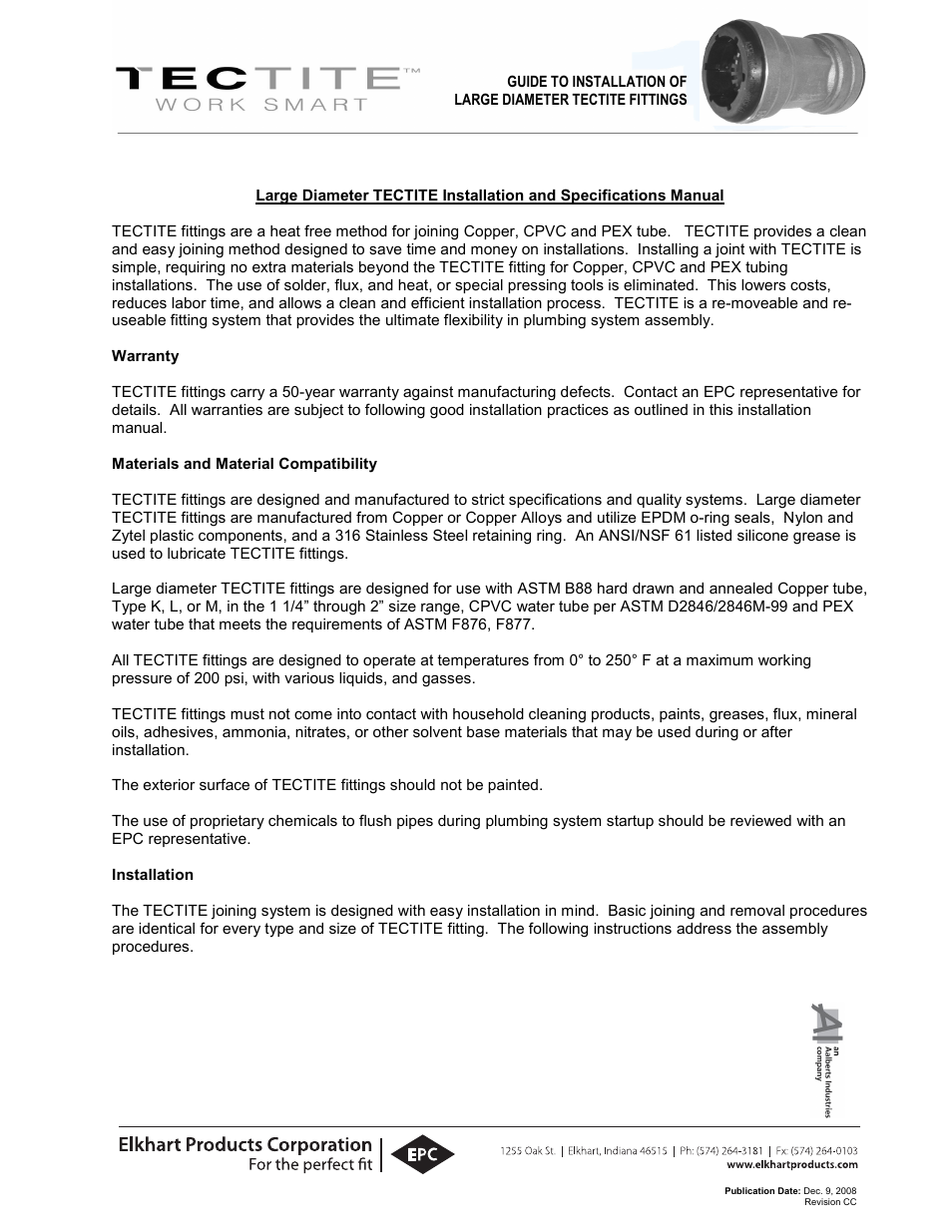 Elkhart Products Corporation (EPC) TECTITE Large Diameter User Manual | 6 pages