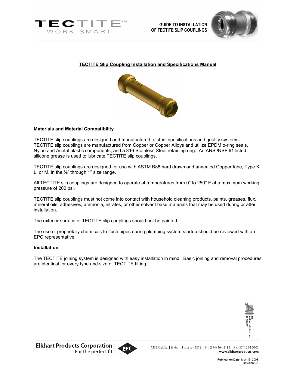 Elkhart Products Corporation (EPC) TECTITE Slip Coupling User Manual | 5 pages