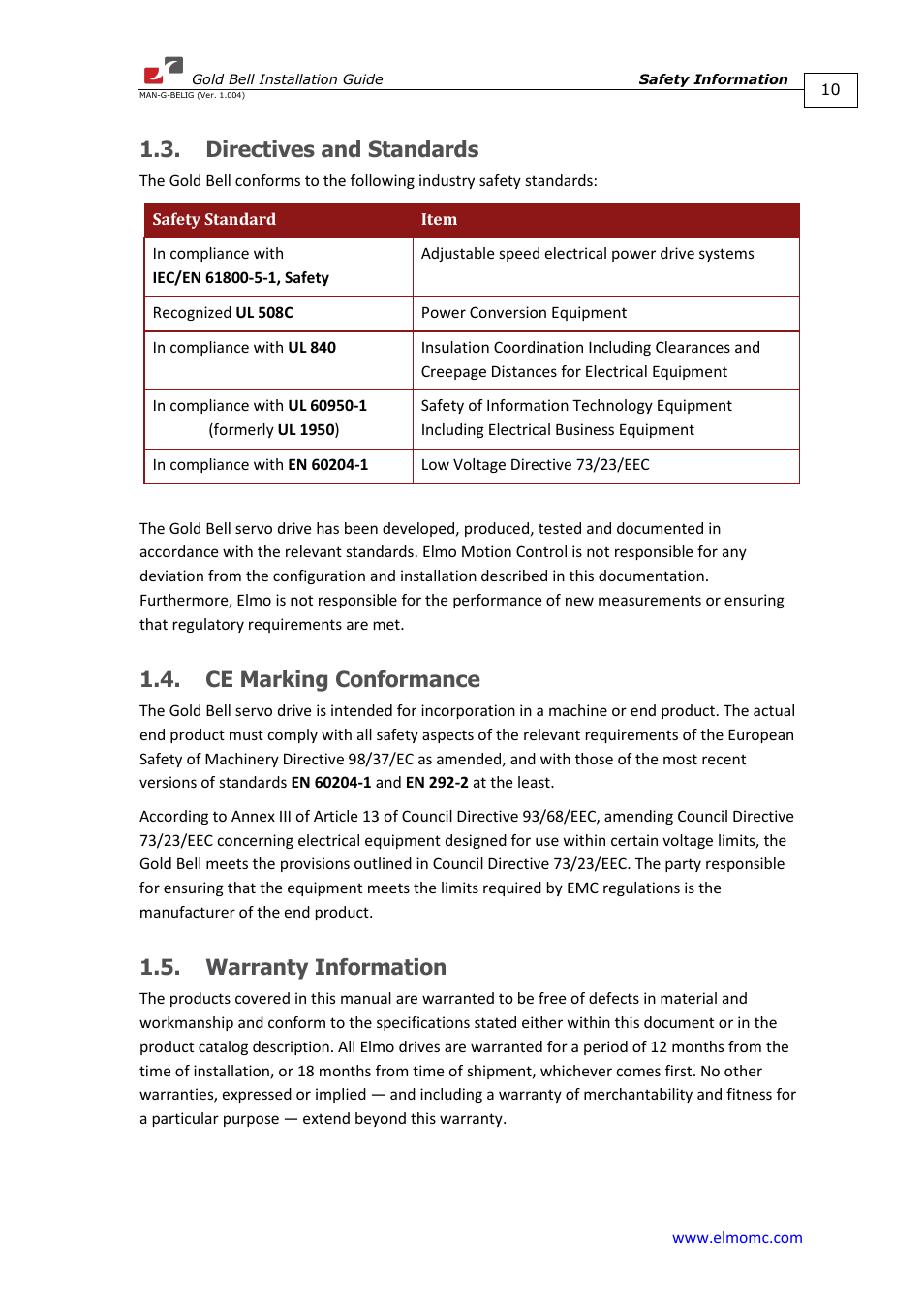 Directives and standards, Ce marking conformance, Warranty information | ElmoMC Gold Line Digital Servo Drives-Gold Bell User Manual | Page 10 / 84