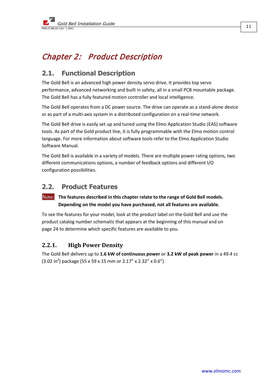 Chapter 2: product description, Functional description, Product features | High power density, Chapter 2, Product description, Functional description 2.2. product features | ElmoMC Gold Line Digital Servo Drives-Gold Bell User Manual | Page 11 / 84