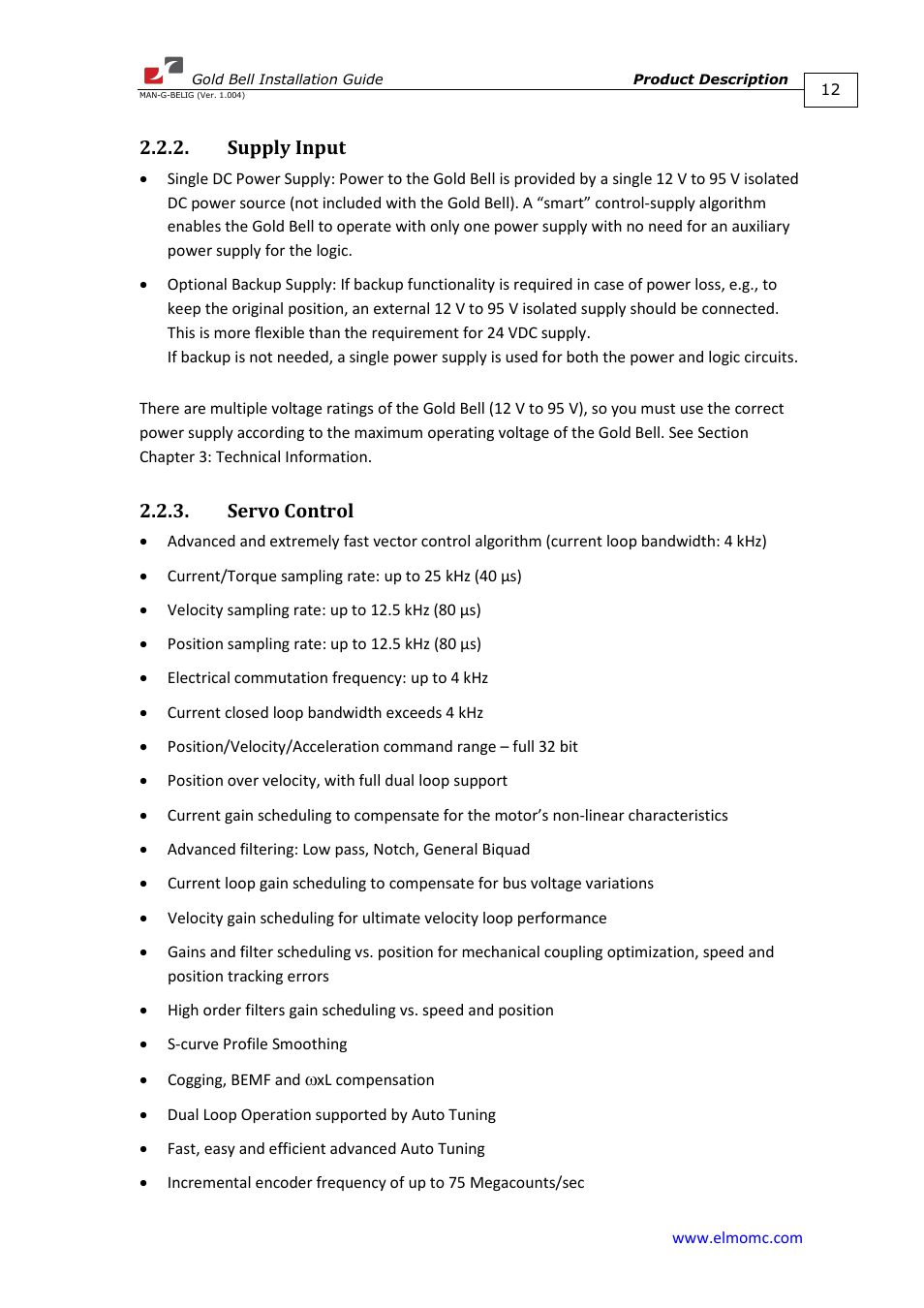 Supply input, Servo control, Supply input 2.2.3. servo control | ElmoMC Gold Line Digital Servo Drives-Gold Bell User Manual | Page 12 / 84