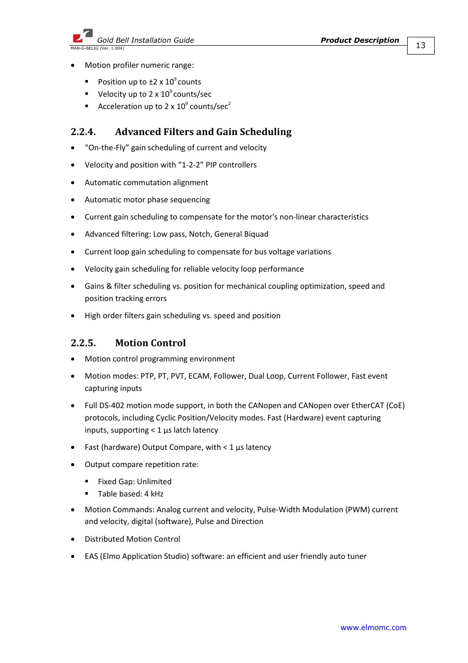 Advanced filters and gain scheduling, Motion control | ElmoMC Gold Line Digital Servo Drives-Gold Bell User Manual | Page 13 / 84