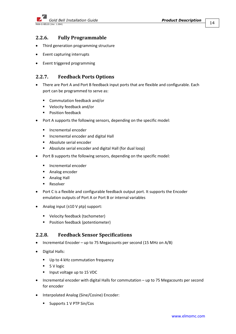 Fully programmable, Feedback ports options, Feedback sensor specifications | ElmoMC Gold Line Digital Servo Drives-Gold Bell User Manual | Page 14 / 84