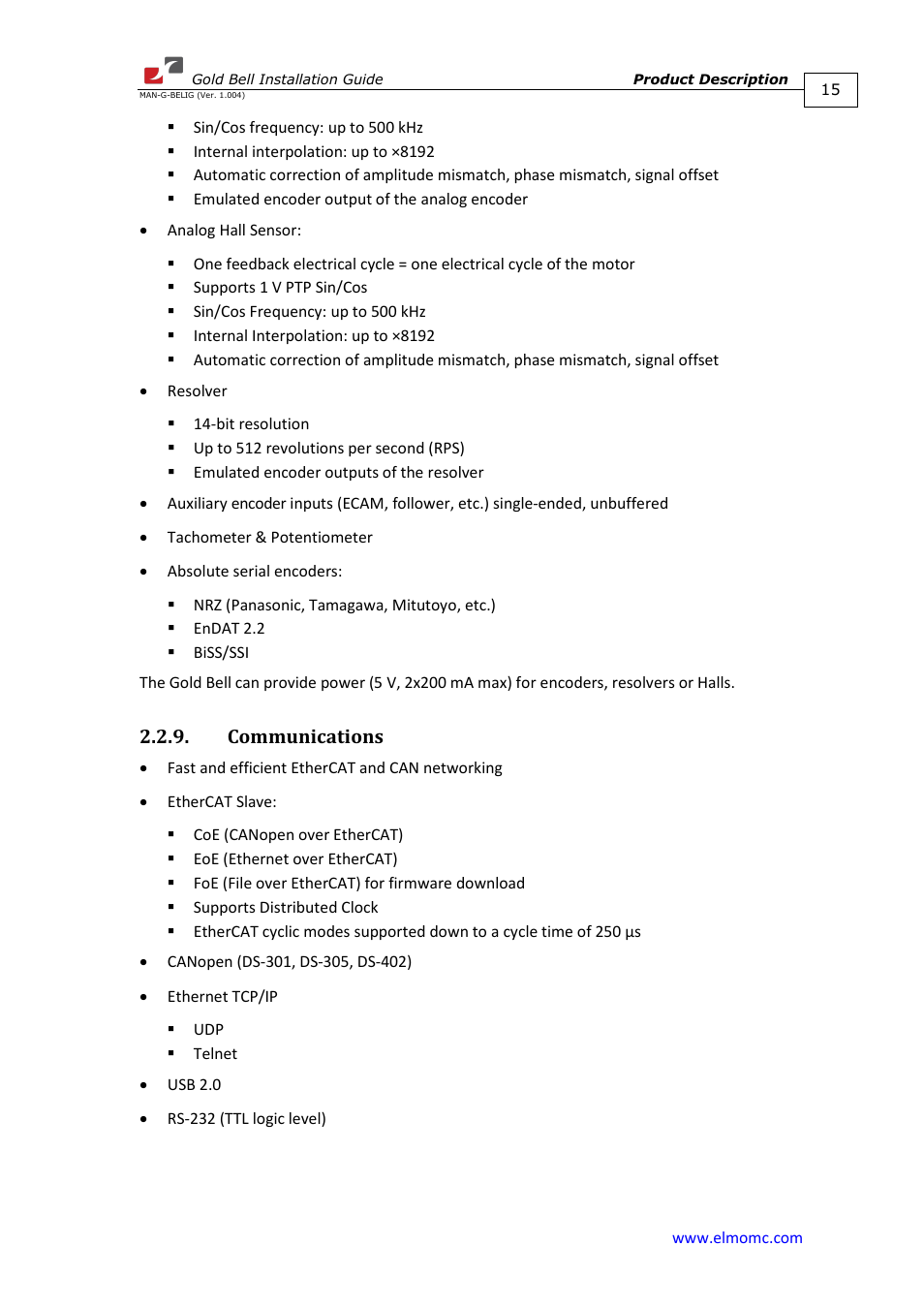 Communications | ElmoMC Gold Line Digital Servo Drives-Gold Bell User Manual | Page 15 / 84