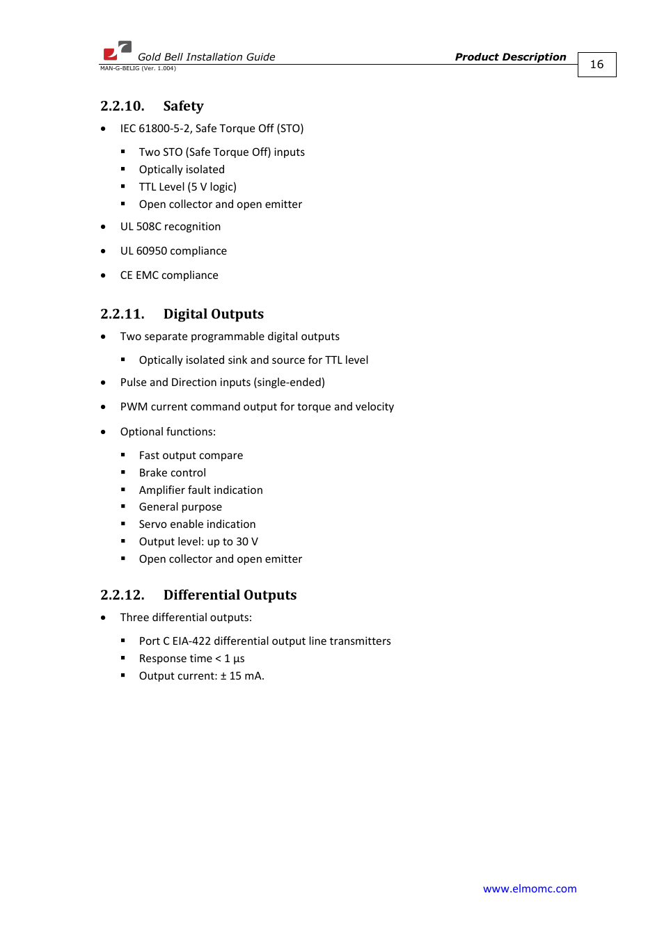 Safety, Digital outputs, Differential outputs | ElmoMC Gold Line Digital Servo Drives-Gold Bell User Manual | Page 16 / 84