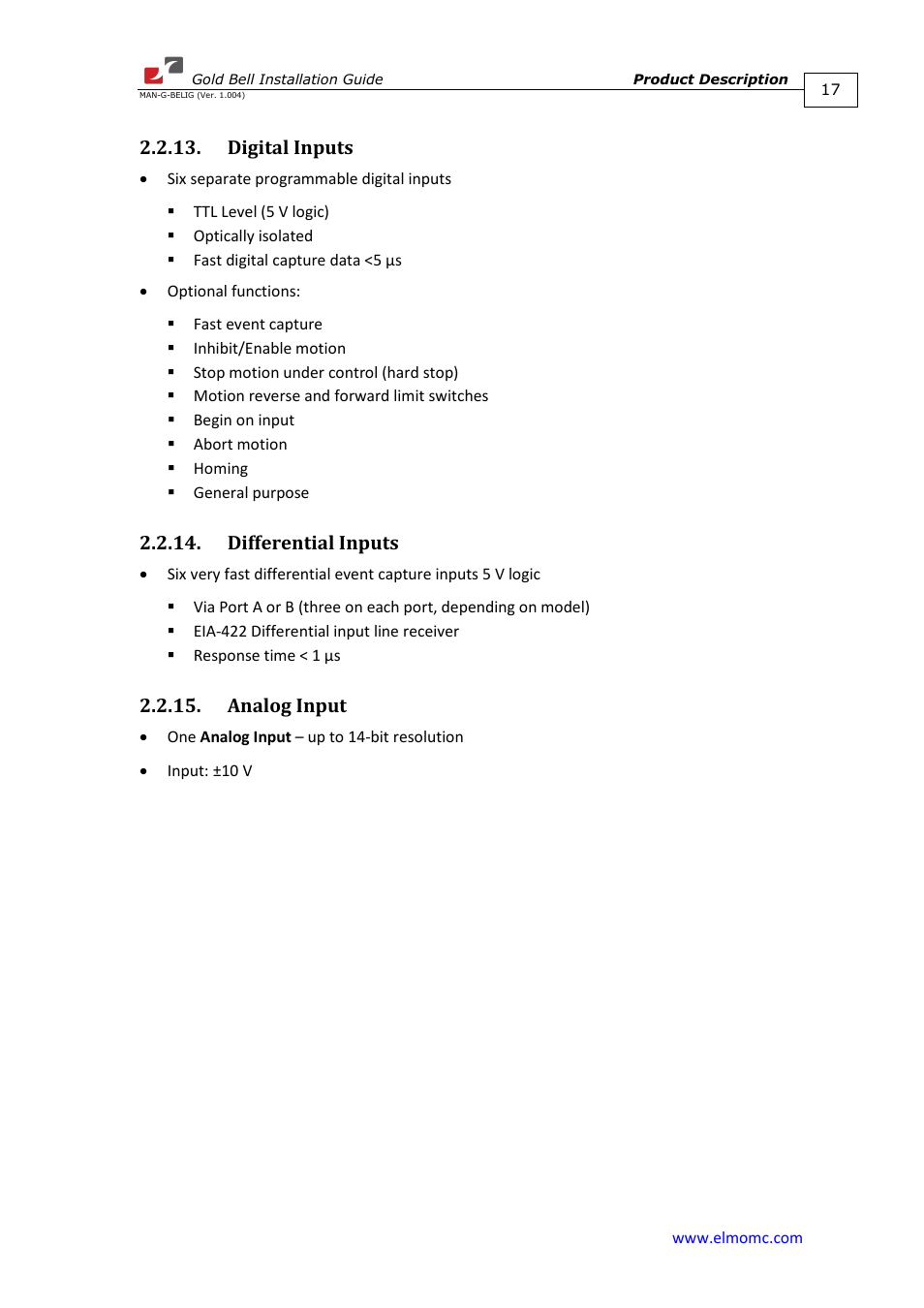 Digital inputs, Differential inputs, Analog input | ElmoMC Gold Line Digital Servo Drives-Gold Bell User Manual | Page 17 / 84