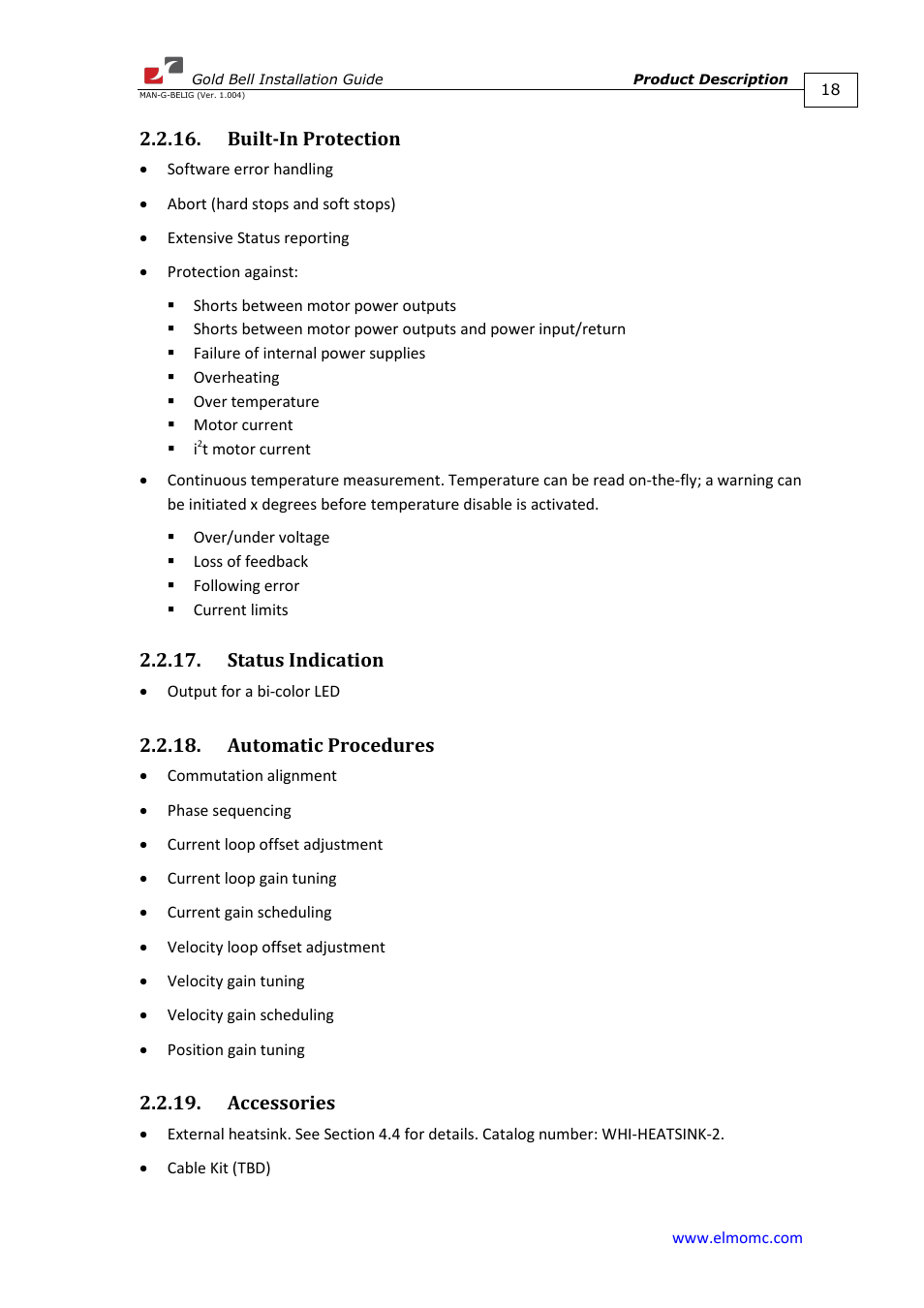 Built-in protection, Status indication, Automatic procedures | Accessories | ElmoMC Gold Line Digital Servo Drives-Gold Bell User Manual | Page 18 / 84
