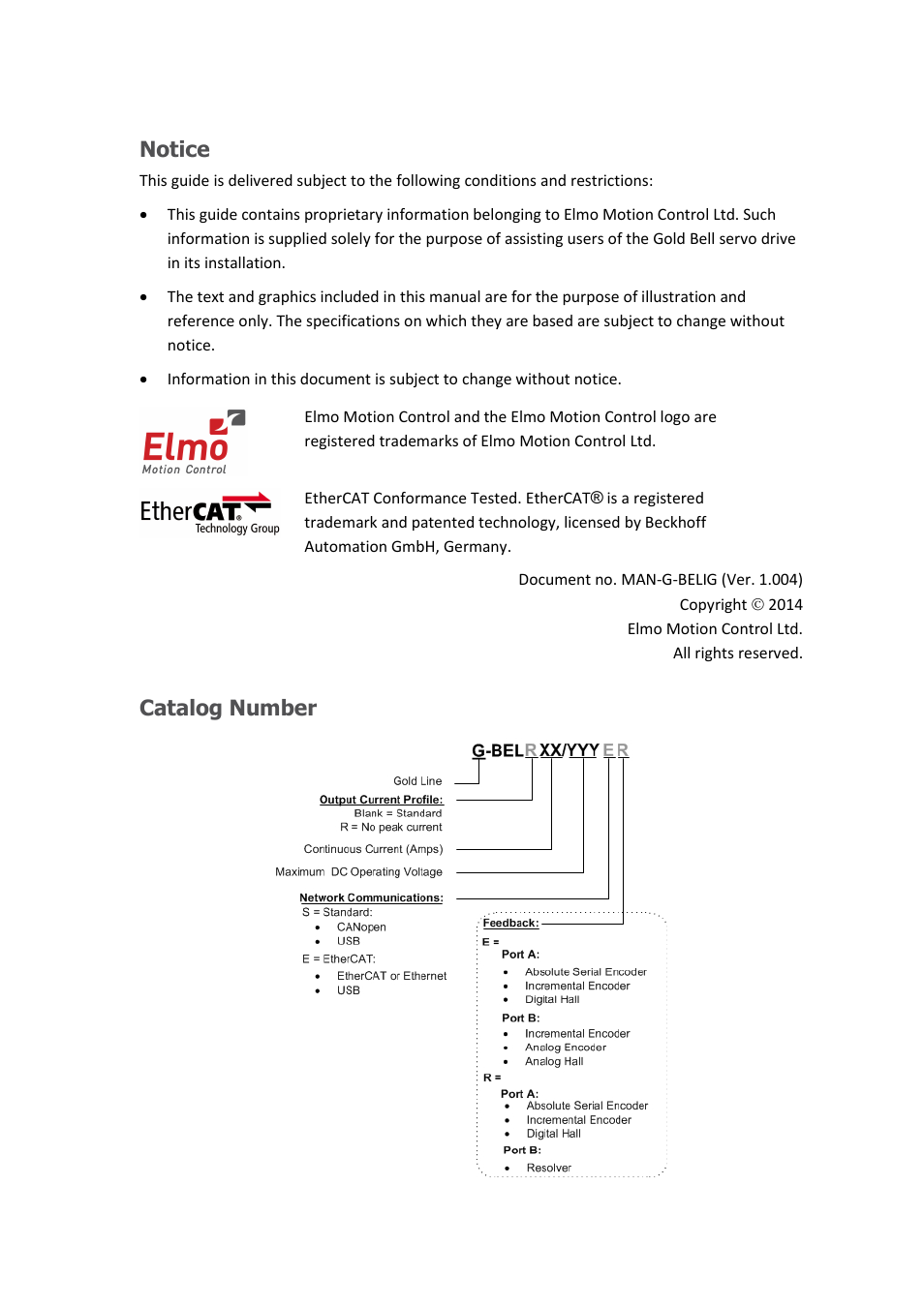 Notice, Catalog number | ElmoMC Gold Line Digital Servo Drives-Gold Bell User Manual | Page 2 / 84