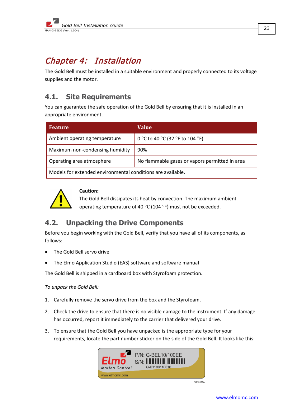 Chapter 4: installation, Site requirements, Unpacking the drive components | Chapter 4, Installation | ElmoMC Gold Line Digital Servo Drives-Gold Bell User Manual | Page 23 / 84