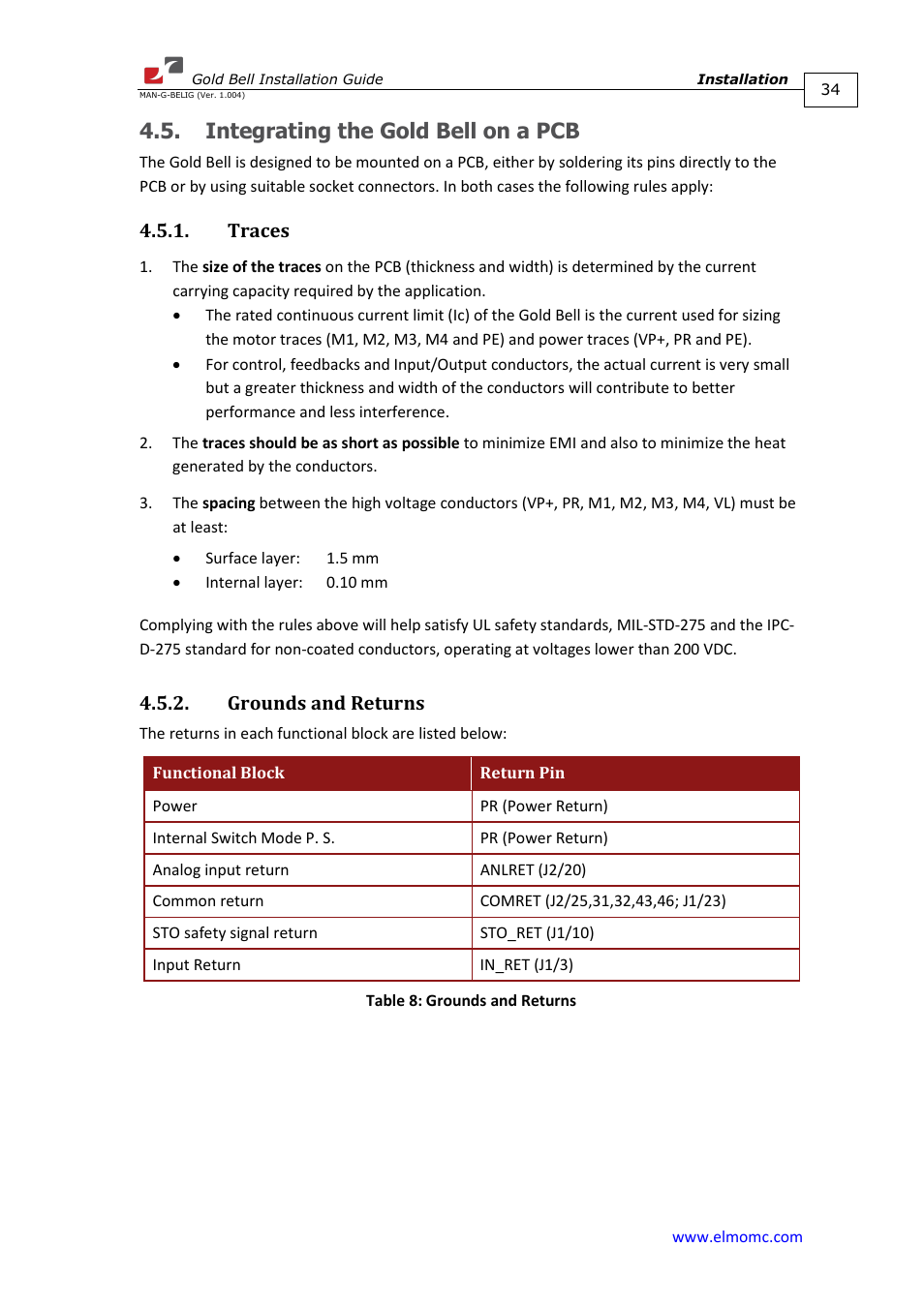 Integrating the gold bell on a pcb, Traces, Grounds and returns | Traces 4.5.2. grounds and returns | ElmoMC Gold Line Digital Servo Drives-Gold Bell User Manual | Page 34 / 84