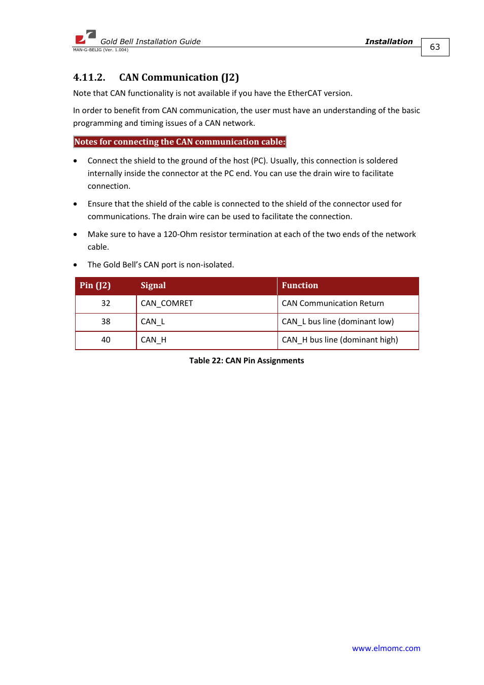 Can communication (j2) | ElmoMC Gold Line Digital Servo Drives-Gold Bell User Manual | Page 63 / 84