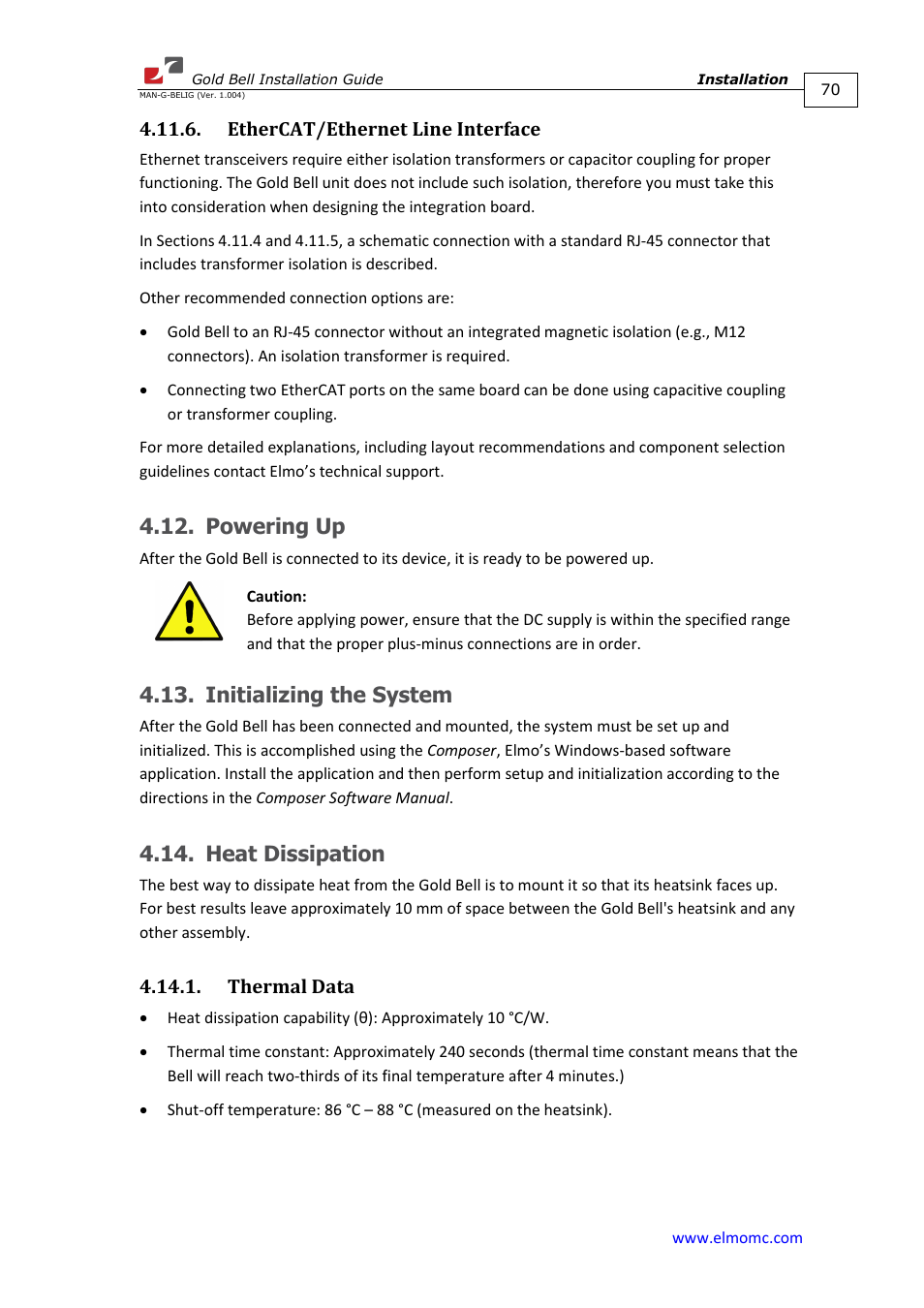 Ethercat/ethernet line interface, Powering up, Initializing the system | Heat dissipation, Thermal data | ElmoMC Gold Line Digital Servo Drives-Gold Bell User Manual | Page 70 / 84