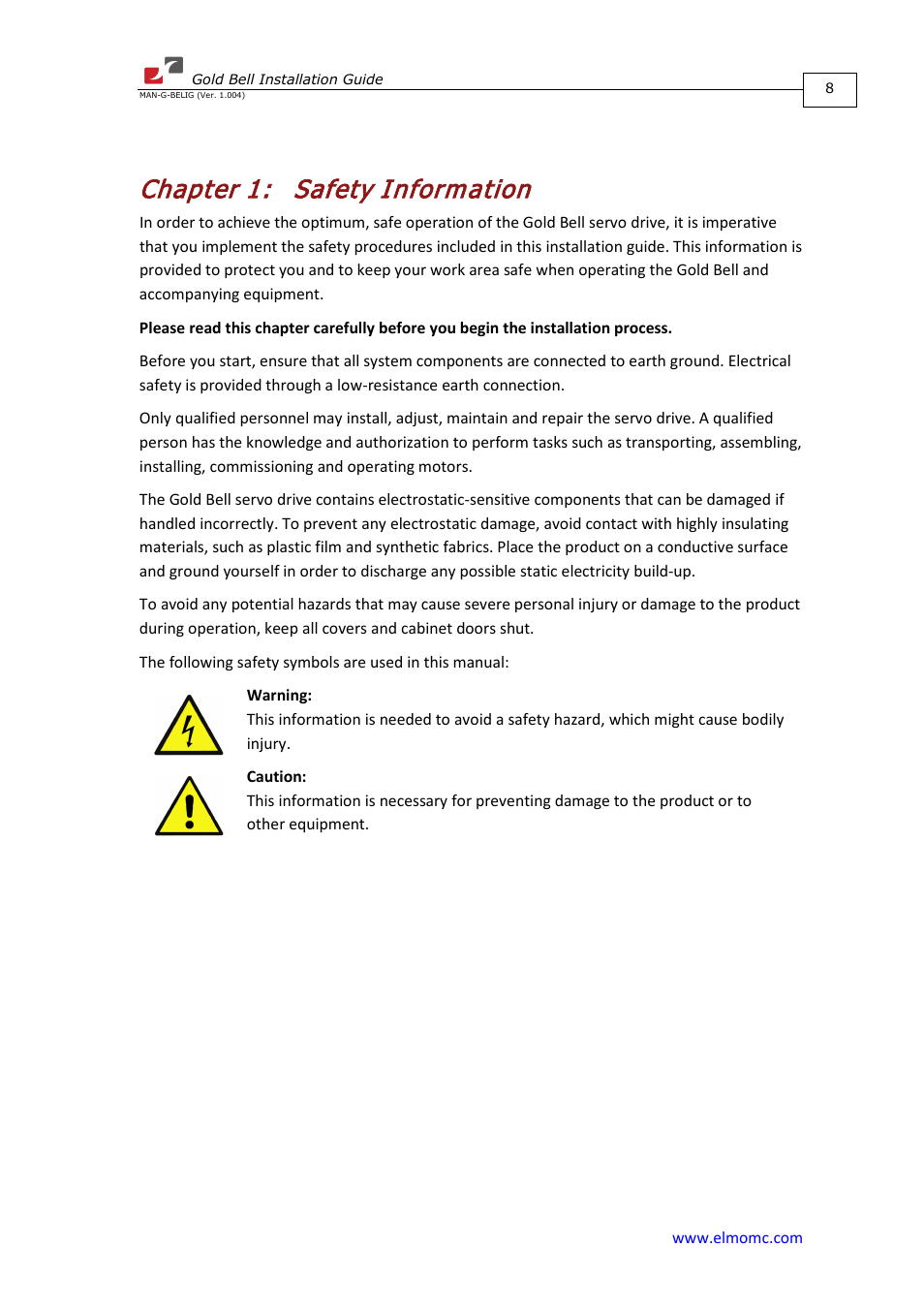 Chapter 1: safety information, Chapter 1, Safety information | ElmoMC Gold Line Digital Servo Drives-Gold Bell User Manual | Page 8 / 84