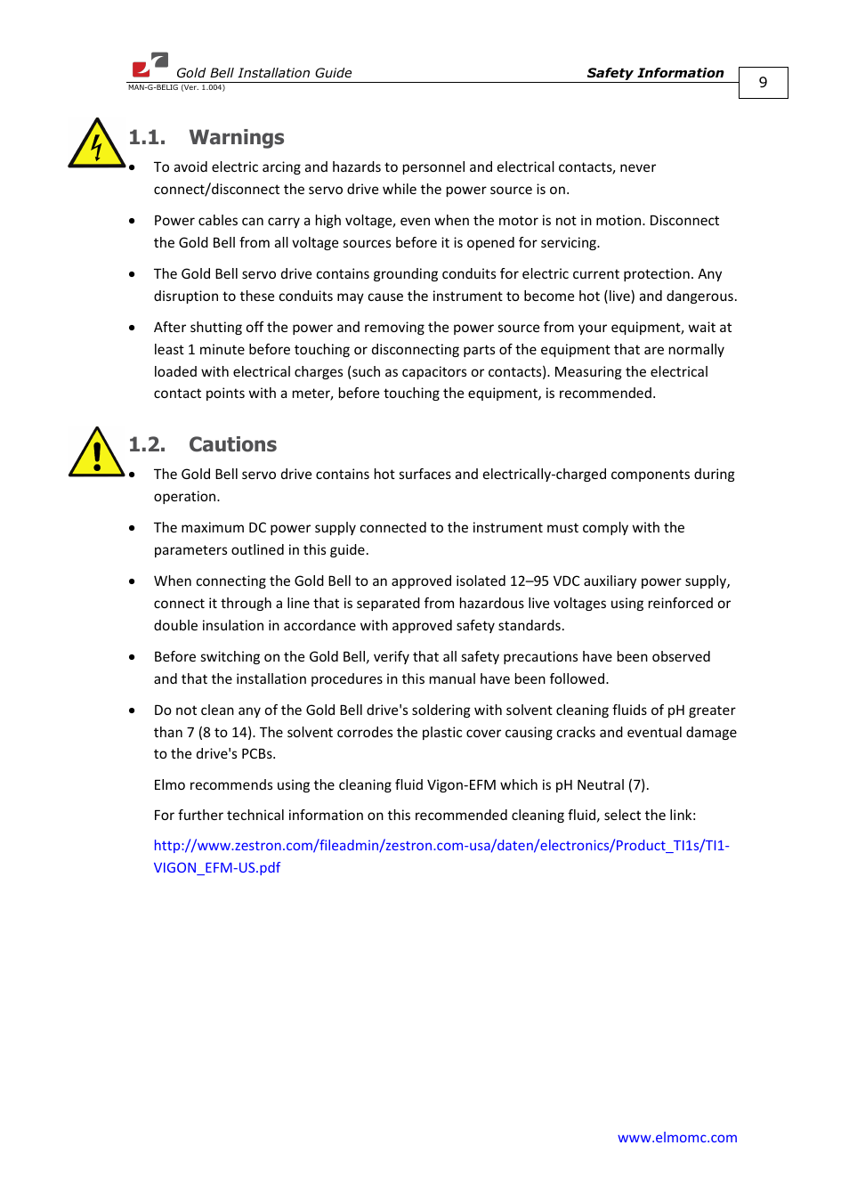 Warnings, Cautions, Warnings 1.2. cautions | ElmoMC Gold Line Digital Servo Drives-Gold Bell User Manual | Page 9 / 84