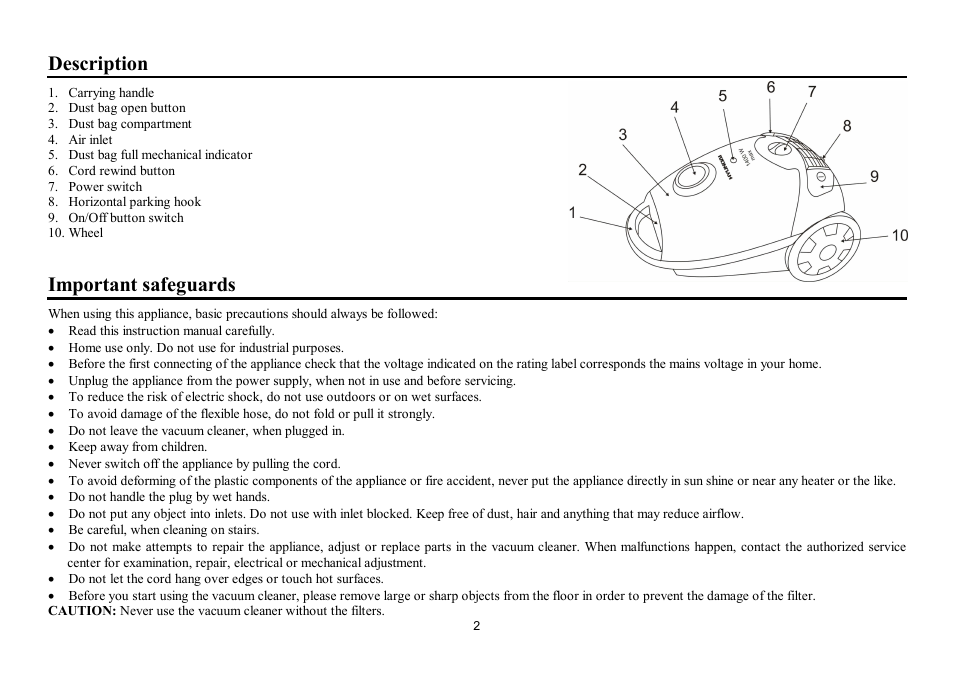 Description, Important safeguards | Hyundai H-VC1594 User Manual | Page 2 / 9