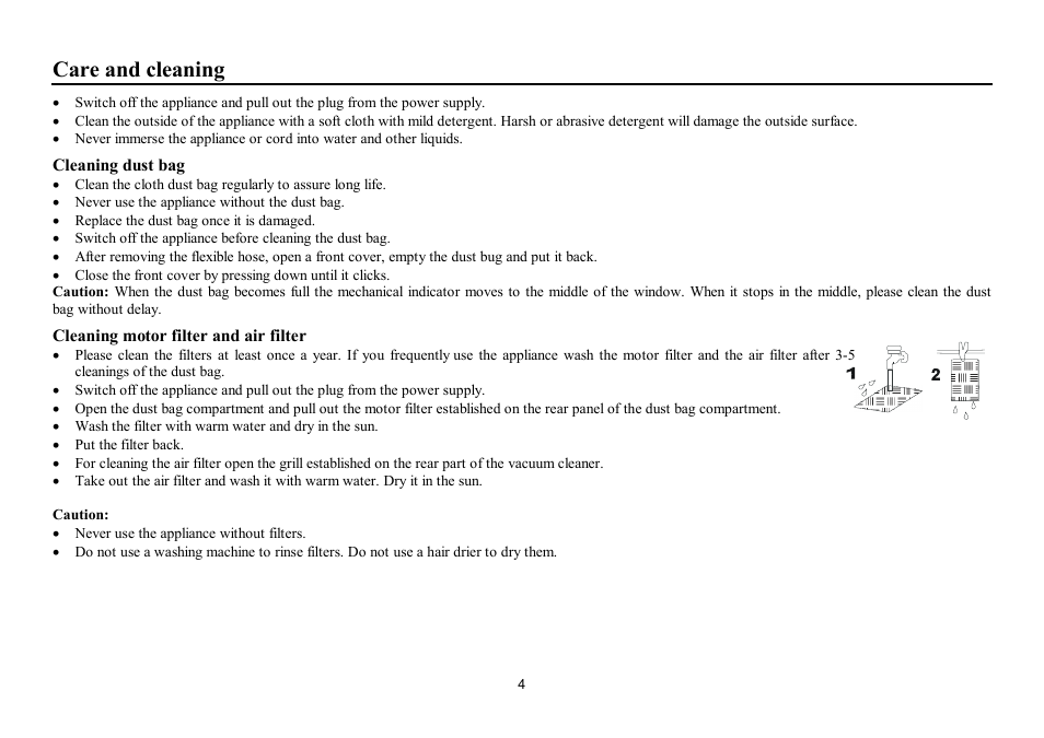 Care and cleaning | Hyundai H-VC1594 User Manual | Page 4 / 9