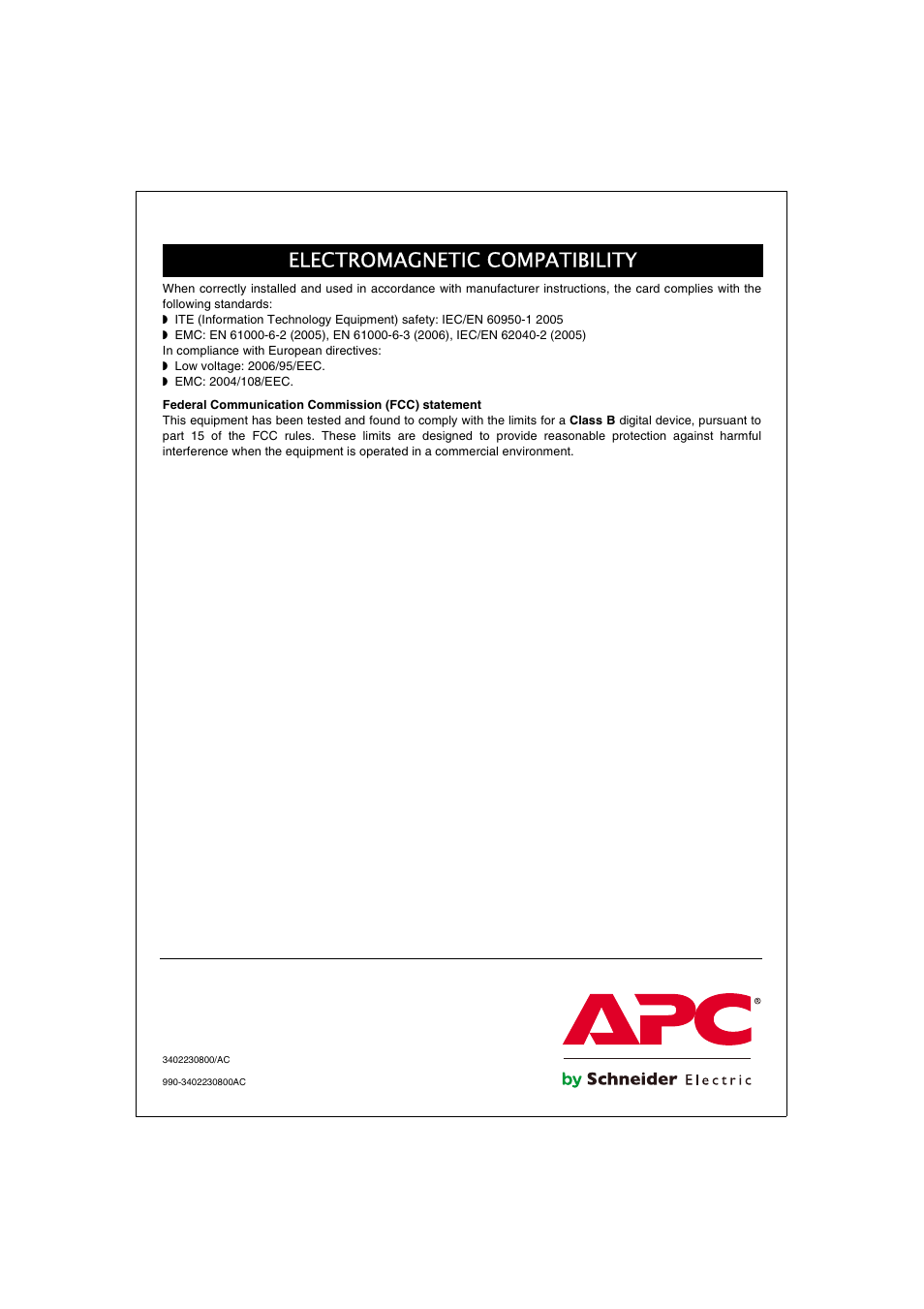 Electromagnetic compatibility | APC 66123 User Manual | Page 16 / 16