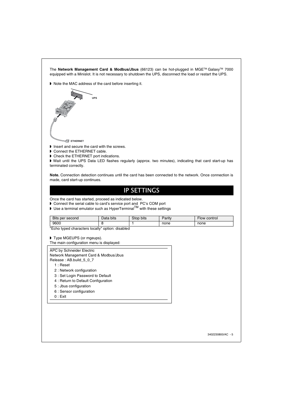 Ip settings | APC 66123 User Manual | Page 5 / 16