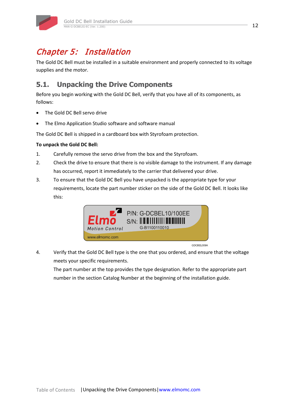 Chapter 5: installation, Unpacking the drive components, Chapter 5 | Installation | ElmoMC Gold Line Digital Servo Drives-Gold DC Bell User Manual | Page 12 / 61