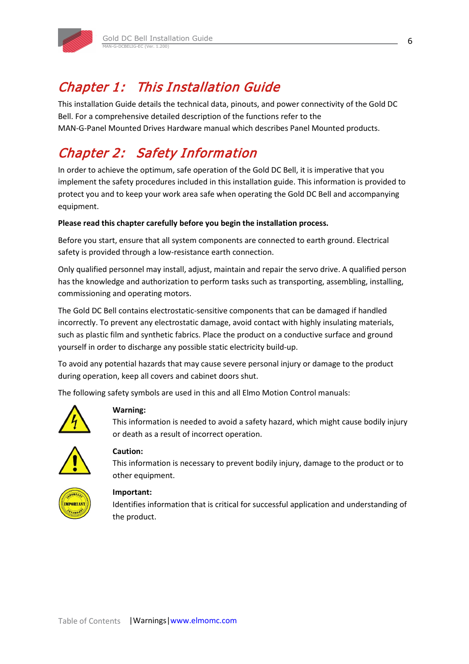 Chapter 1: this installation guide, Chapter 2: safety information, Chapter 1 | This installation guide, Chapter 2, Safety information | ElmoMC Gold Line Digital Servo Drives-Gold DC Bell User Manual | Page 6 / 61