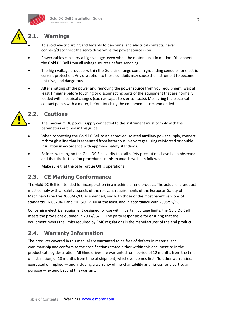 Warnings, Cautions, Ce marking conformance | Warranty information | ElmoMC Gold Line Digital Servo Drives-Gold DC Bell User Manual | Page 7 / 61