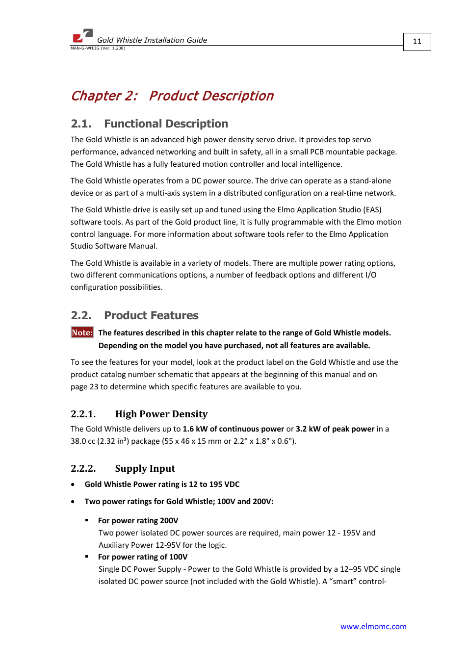 Chapter 2: product description, Functional description, Product features | High power density, Supply input, Chapter 2, Product description, Functional description 2.2. product features, High power density 2.2.2. supply input | ElmoMC Gold Line Digital Servo Drives-Gold Whistle User Manual | Page 11 / 85