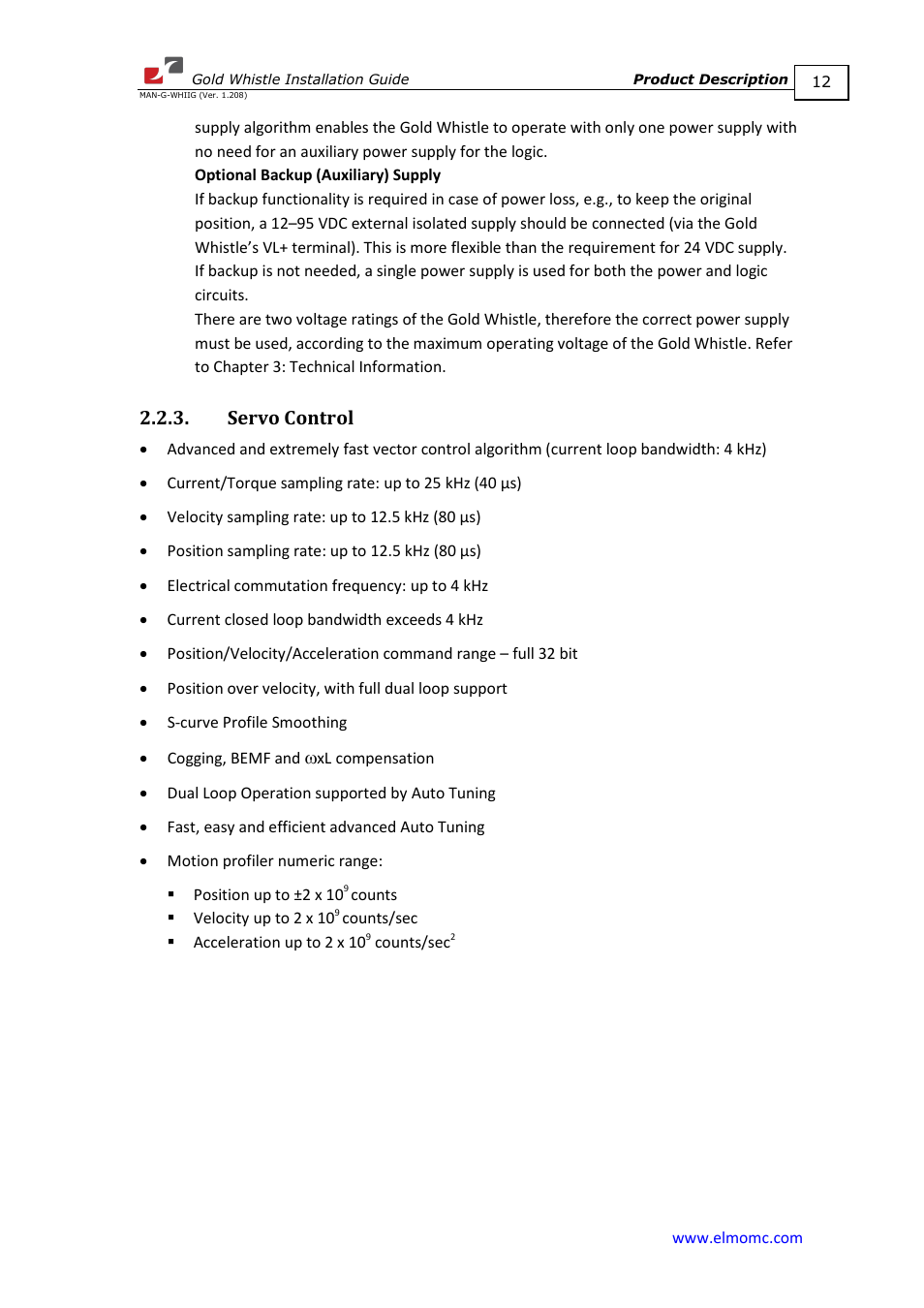 Servo control | ElmoMC Gold Line Digital Servo Drives-Gold Whistle User Manual | Page 12 / 85