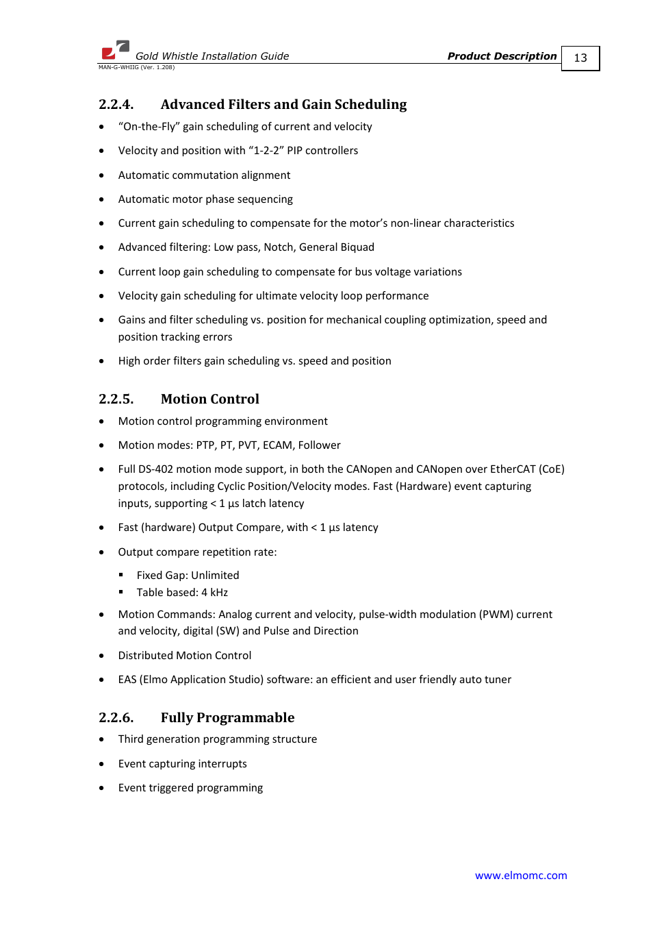Advanced filters and gain scheduling, Motion control, Fully programmable | ElmoMC Gold Line Digital Servo Drives-Gold Whistle User Manual | Page 13 / 85