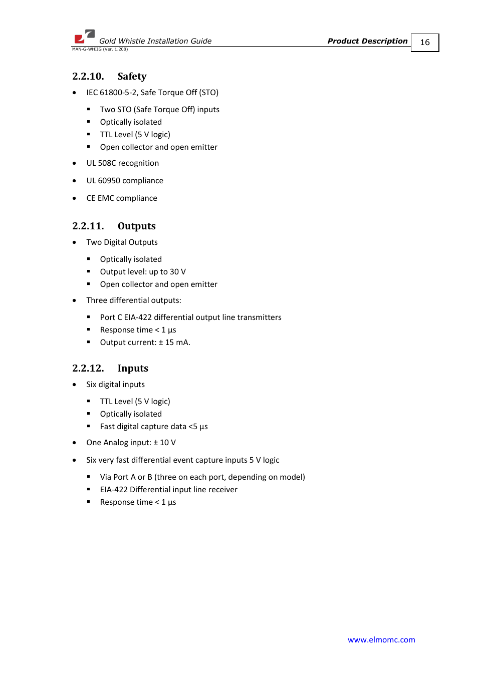 Safety, Outputs, Inputs | Safety 2.2.11. outputs 2.2.12. inputs | ElmoMC Gold Line Digital Servo Drives-Gold Whistle User Manual | Page 16 / 85