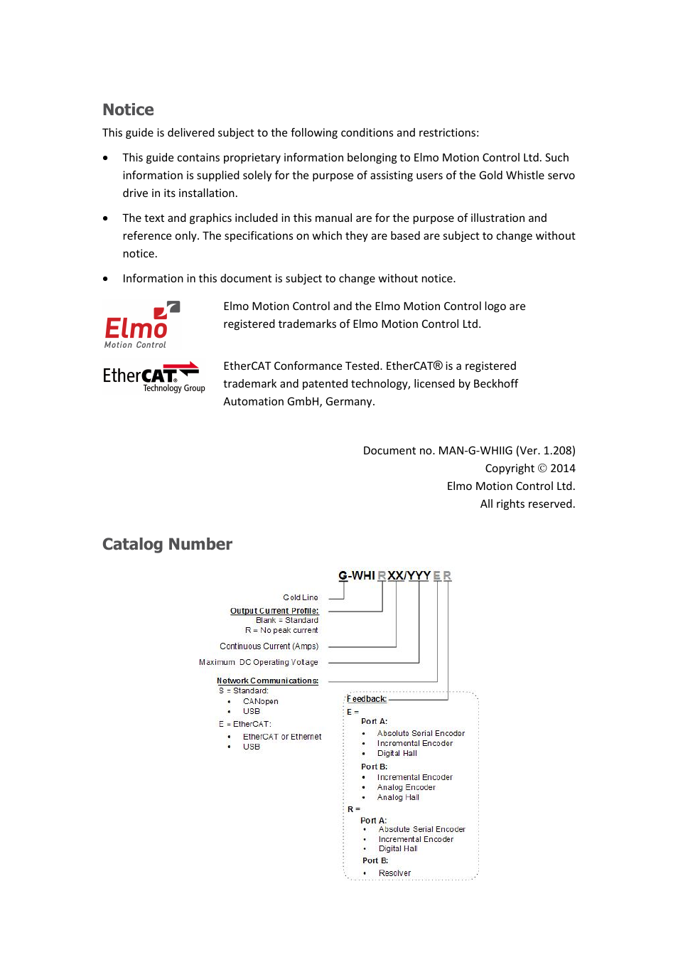 Notice, Catalog number | ElmoMC Gold Line Digital Servo Drives-Gold Whistle User Manual | Page 2 / 85