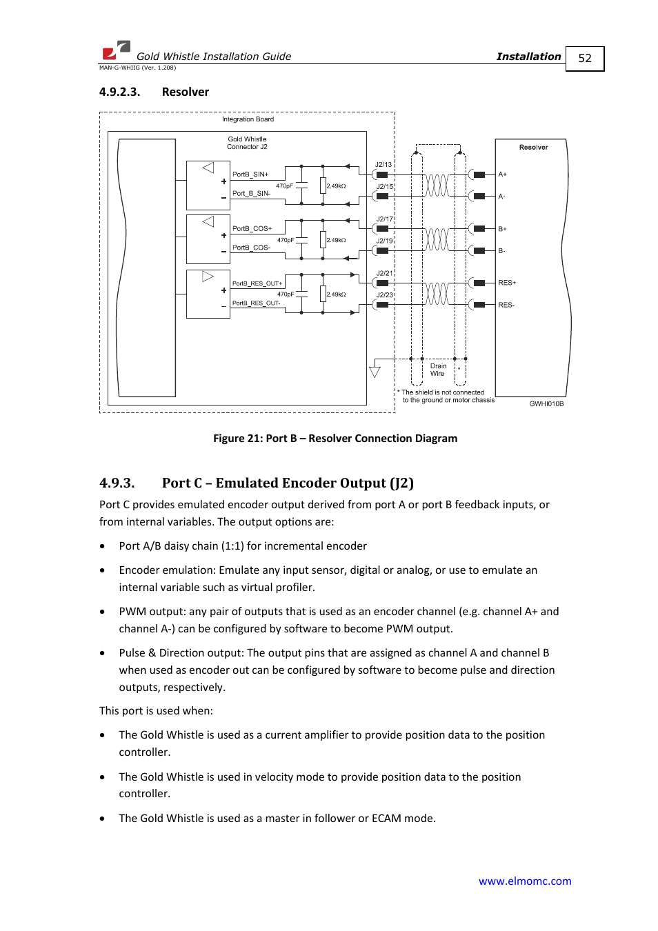 Resolver, Port c – emulated encoder output (j2) | ElmoMC Gold Line Digital Servo Drives-Gold Whistle User Manual | Page 52 / 85