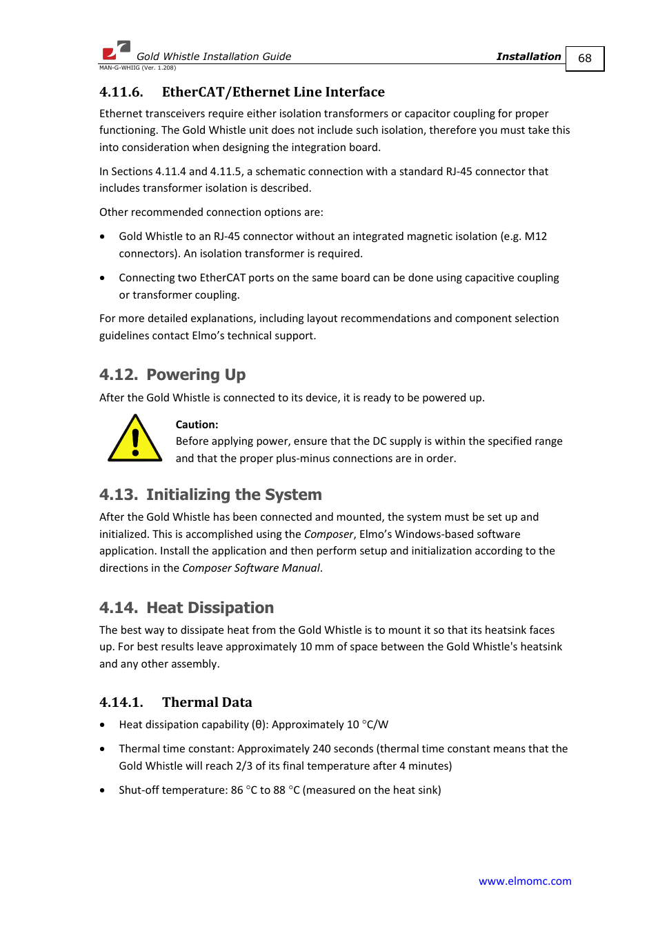 Ethercat/ethernet line interface, Powering up, Initializing the system | Heat dissipation, Thermal data | ElmoMC Gold Line Digital Servo Drives-Gold Whistle User Manual | Page 68 / 85