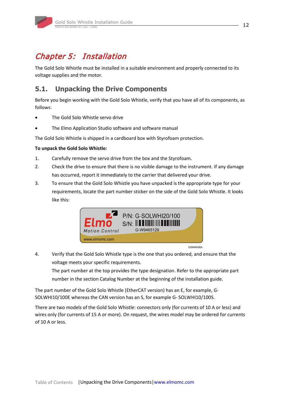 Chapter 5: installation, Unpacking the drive components, Chapter 5 | Installation | ElmoMC Gold Line Digital Servo Drives-Gold Solo Whistle User Manual | Page 12 / 61
