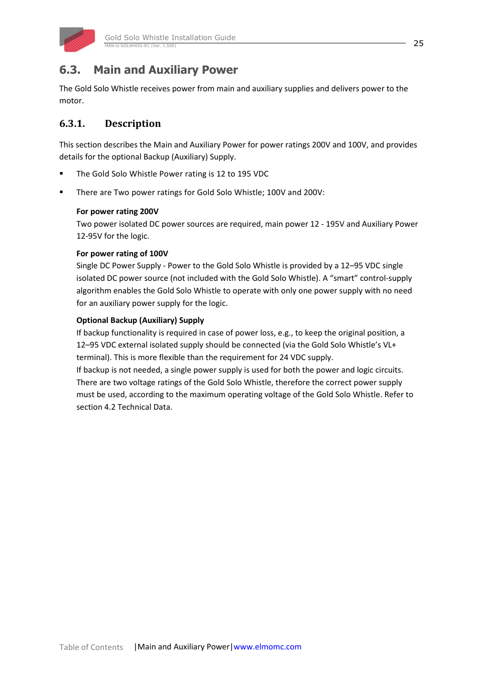 Main and auxiliary power, Description | ElmoMC Gold Line Digital Servo Drives-Gold Solo Whistle User Manual | Page 25 / 61