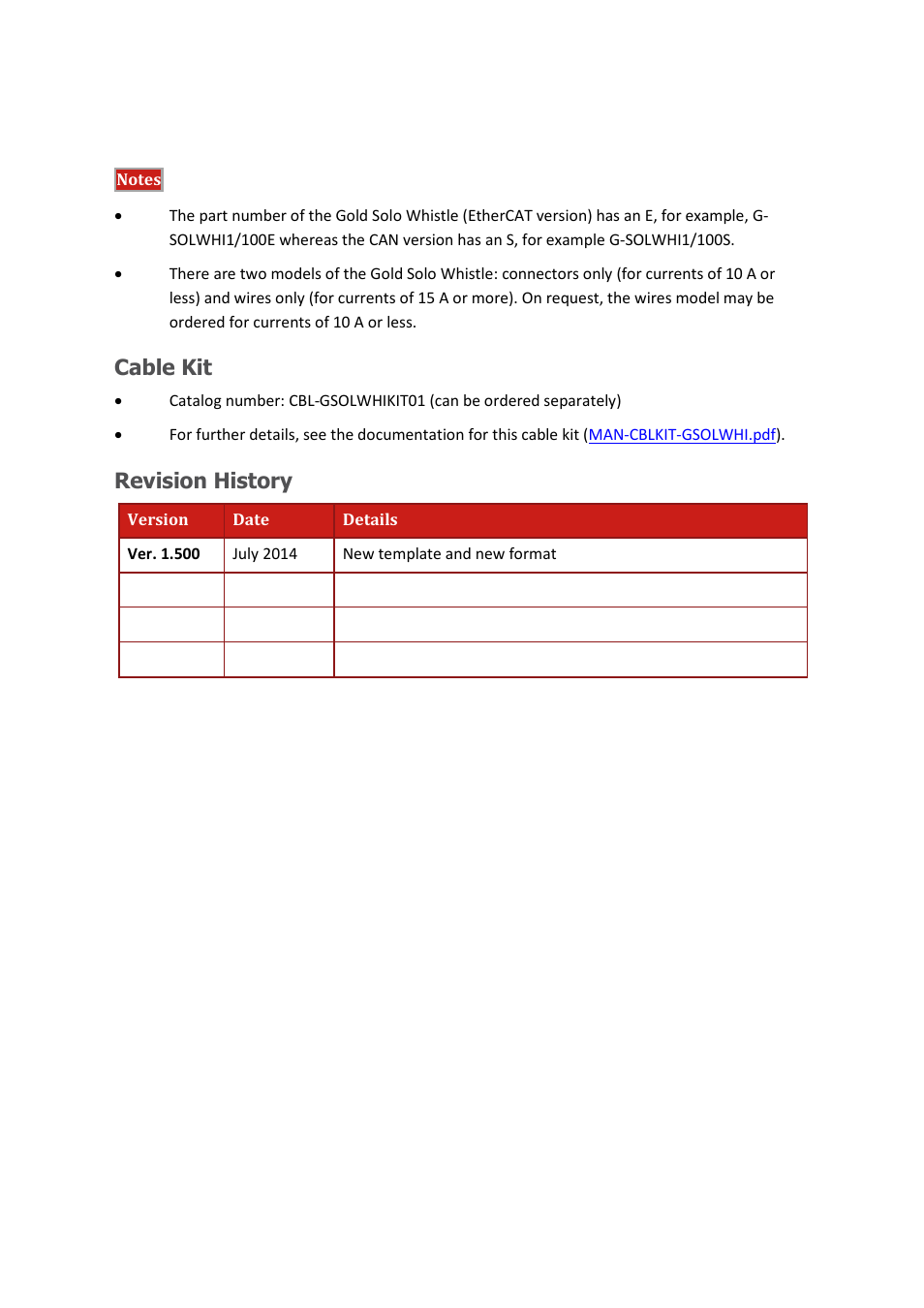 Cable kit, Revision history | ElmoMC Gold Line Digital Servo Drives-Gold Solo Whistle User Manual | Page 3 / 61